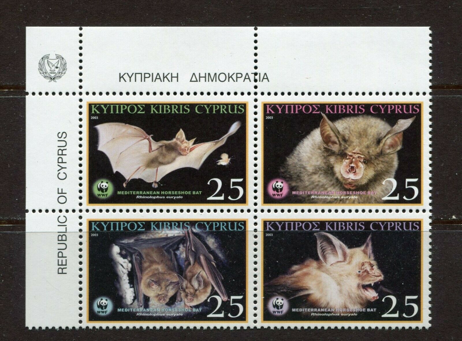 Cyprus 2003, W.w.f., Wild Animals: Bats, Scott 1006 Block Of 4 Different, Mnh